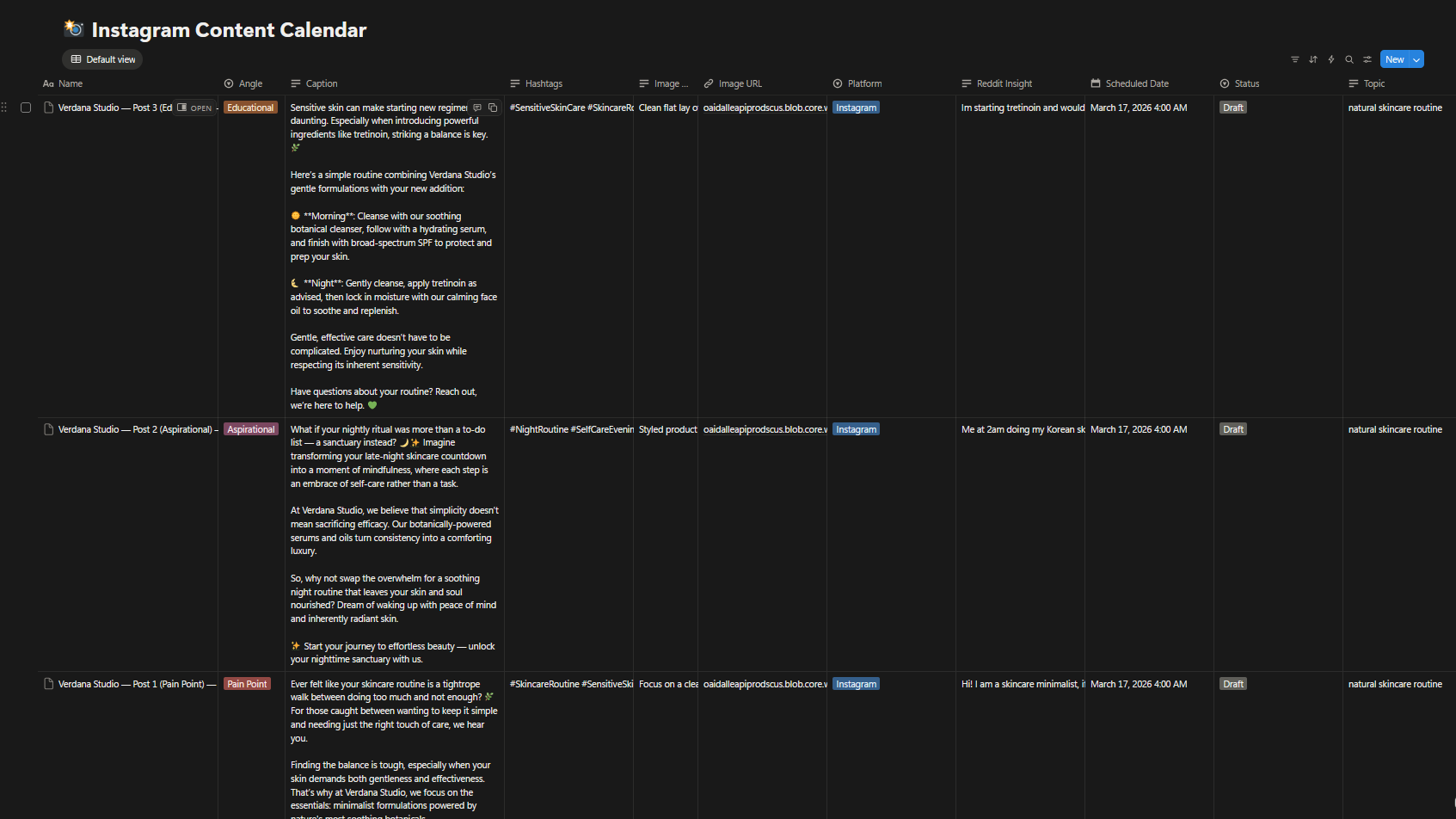 Instagram content calendar in Notion